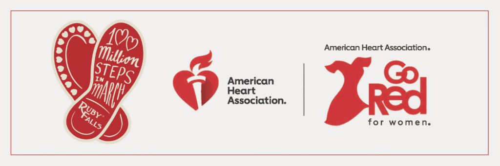 Graphic features logo for 100 Million Steps in March, American Heart Association and Go Red For Women.
