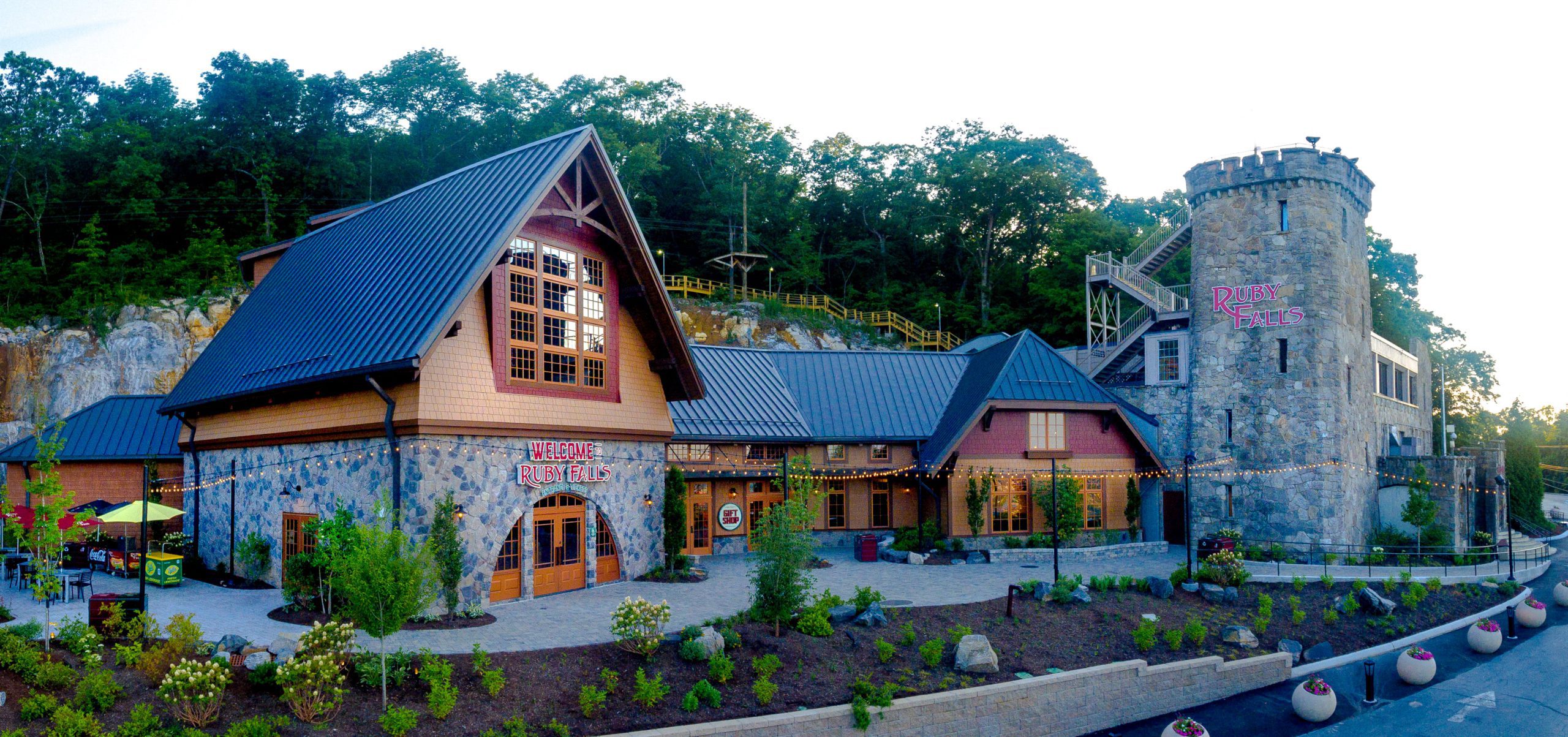 Exterior of the Ruby Falls welcome center including the observation tower