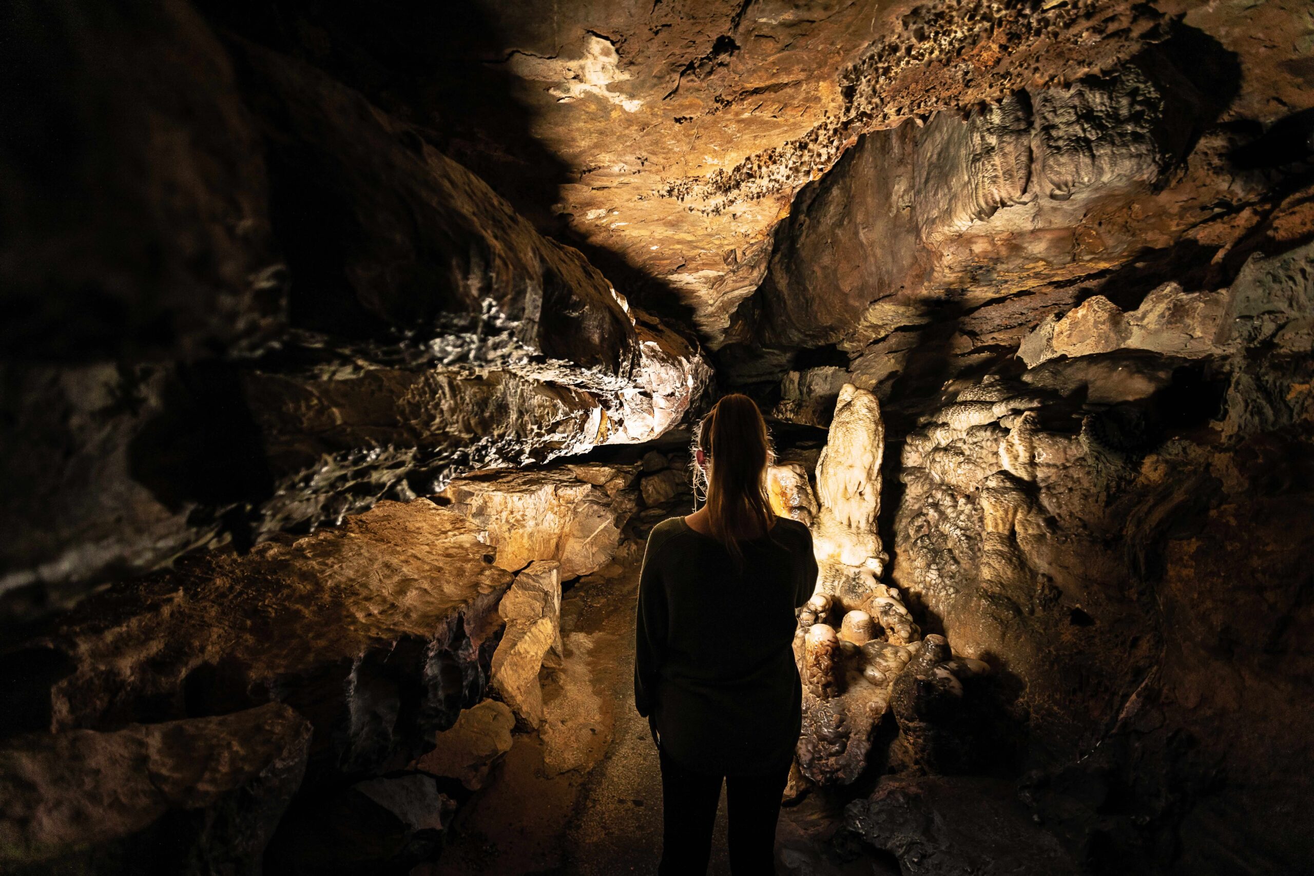 A woman is seen from behind holding a lantern, illuminating the cave in front of her