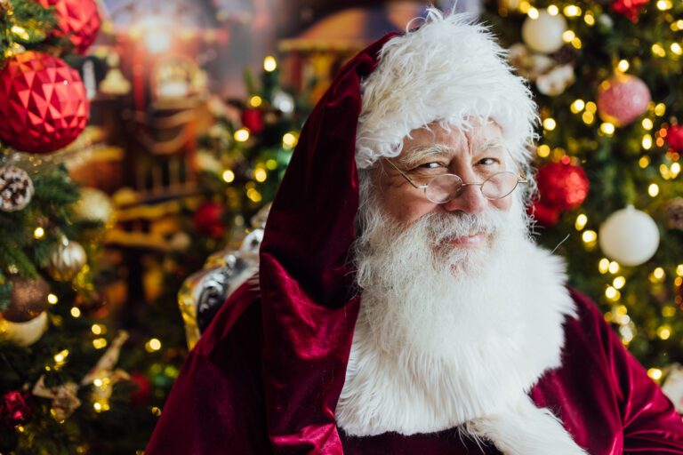 Santa in front of Christmas trees