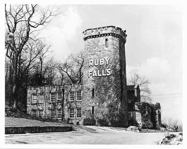 black and white photo of Ruby Falls tower