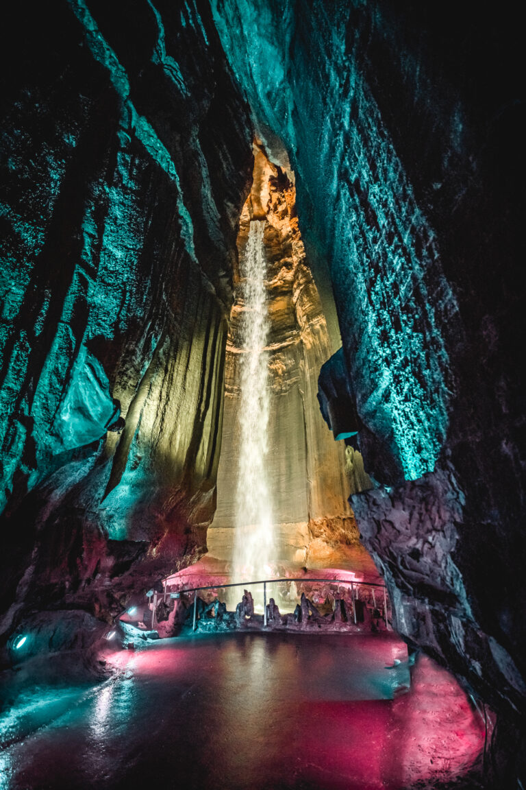 Ruby Falls waterfall with multicolor lights