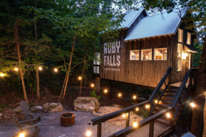 Outside luxury treehouse with cafe lights, firepit and seating in the evening surrounded by forest at Ruby Falls.