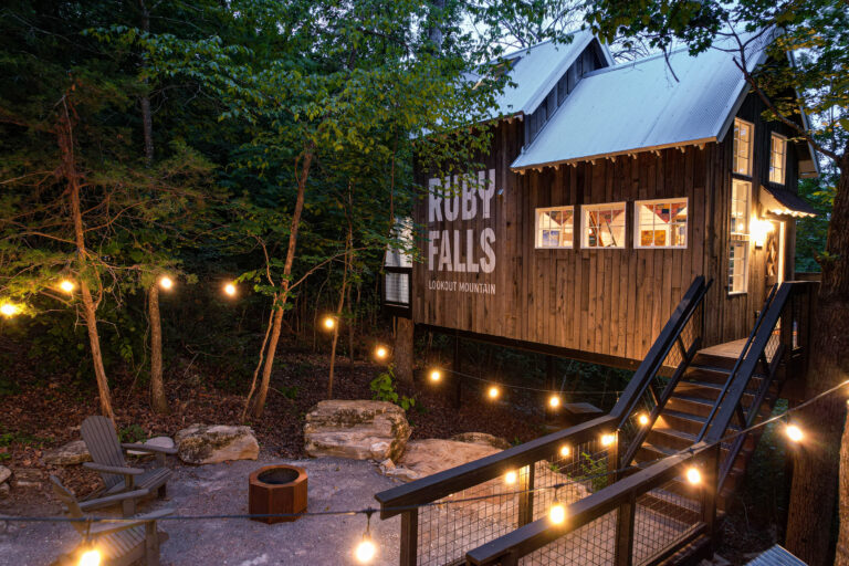 Outside luxury treehouse with cafe lights, firepit and seating in the evening surrounded by forest at Ruby Falls.