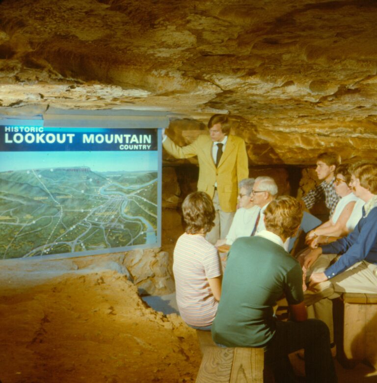 Vintage color photo of woman and baby at Ruby Falls