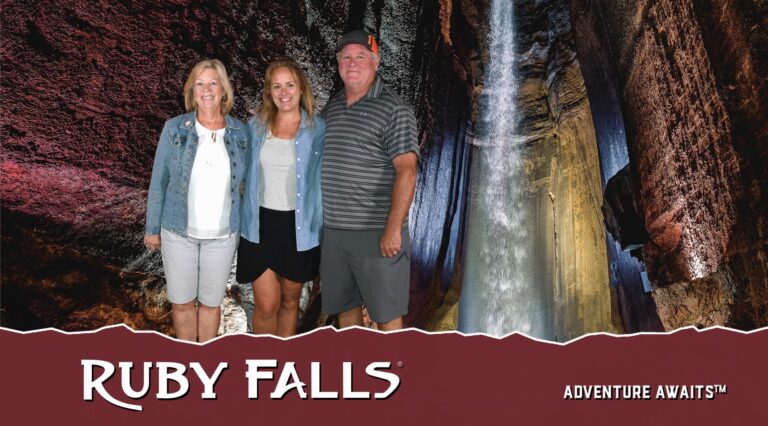 Staged photo of people in front of Ruby Falls