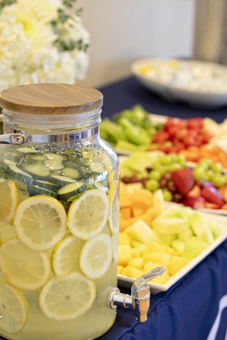 Food buffet with lemon water