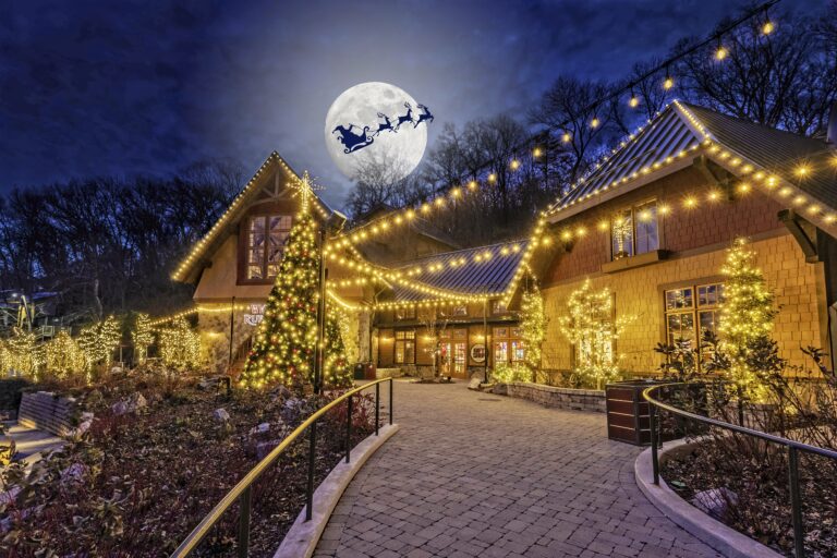 Ruby Falls buildings at night with white Christmas lights and Santa flying overhead