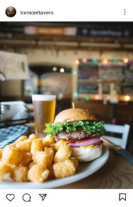 Tremont Tavern burger and tots with a pint of beer