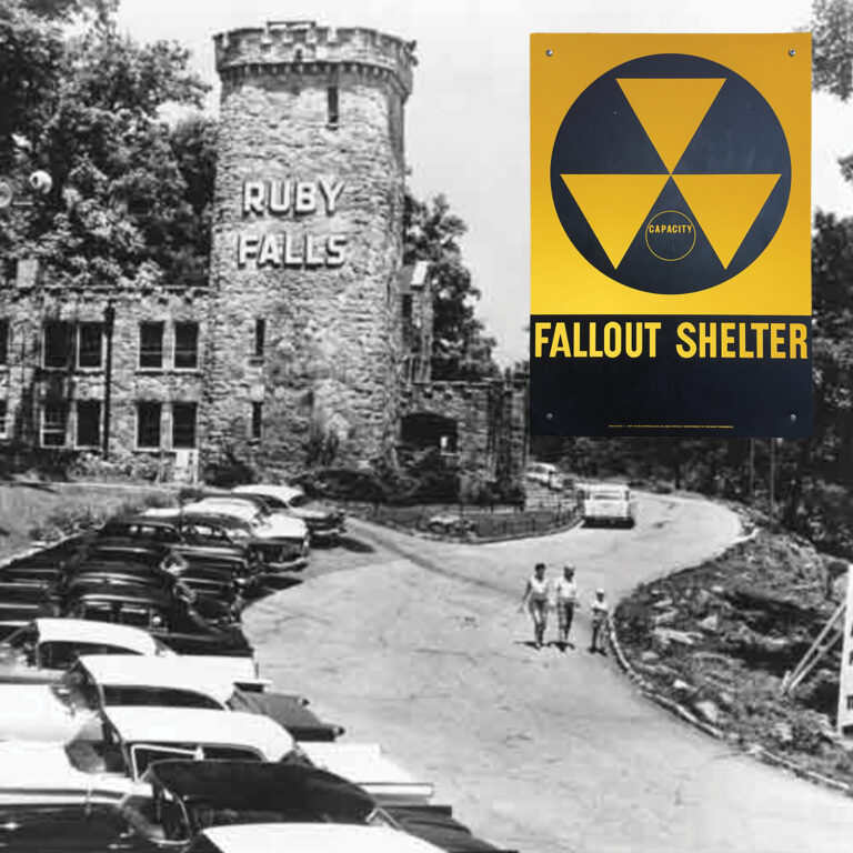 Ruby Falls Fallout shelter photo with vintage cars in the parking lot