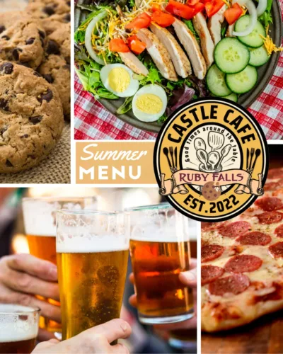 Photo collage showing images of chocolate chip cookies, grilled chicken salad, craft beer and pizza.