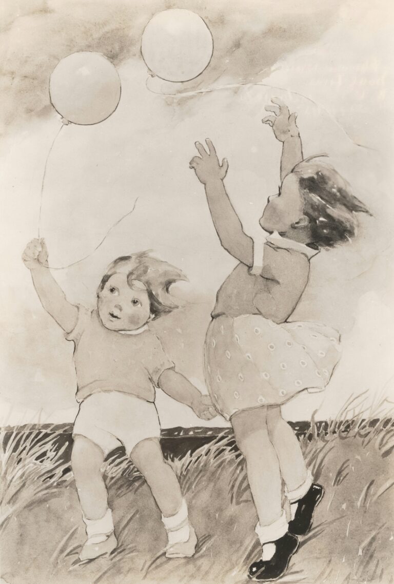 vintage drawing of a young boy and young girl outside jumping in the grass and joyfulling playing with two balloons.
