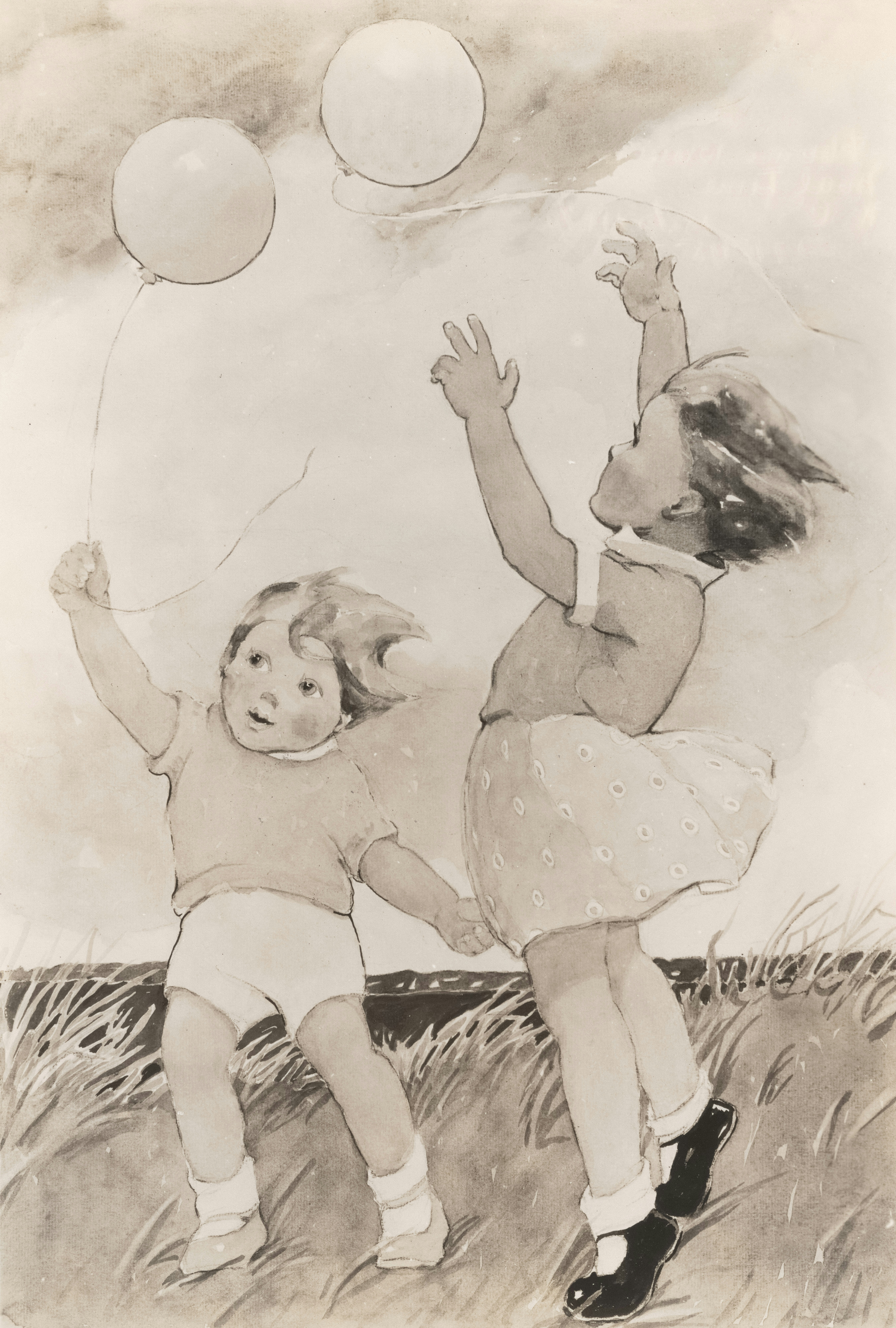 vintage drawing of a young boy and young girl outside jumping in the grass and joyfulling playing with two balloons.