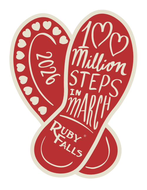 Logo for 100 Million Steps in March featuring two shoe prints placed together like a heart. 