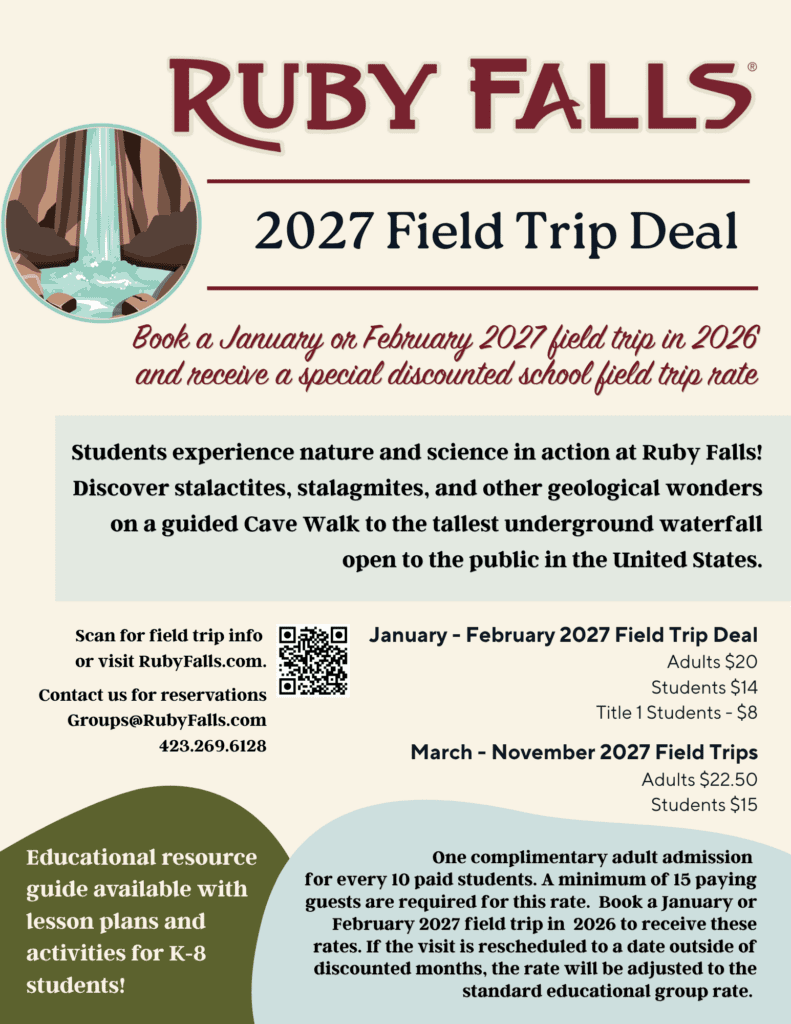 Graphic with information about school field trip discounts available for visits Jan and Feb 2027 when visit is booked in 2026.